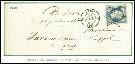 N°10, 25c bleu, obl. Étoile muette + CAD de route "3e Paris 8 (60)" (1853) sur lettre pour Riom. TB