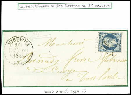 N°10 obl PC 2010 + T13 "Mirepoix (8)" (30 avril 1853) sur lettre, sup