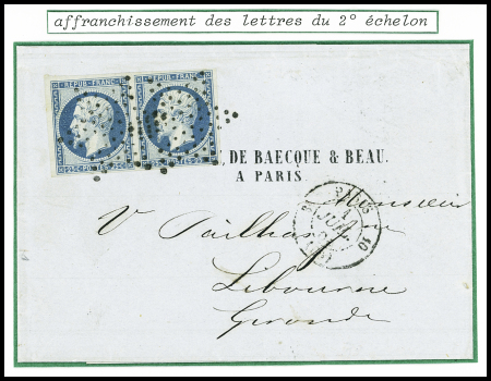 N°10 en paire obl. Étoile muette + CAD de route "3e Paris 10 (60)" (1853) sur lettre pour Libourne, sup
