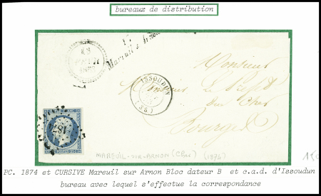N°10 obl. PC 1874 + dateur B + cursive "17 Mareuil-s-Arnon" et T15 Issoudun sur lettre pour Bourges. TB