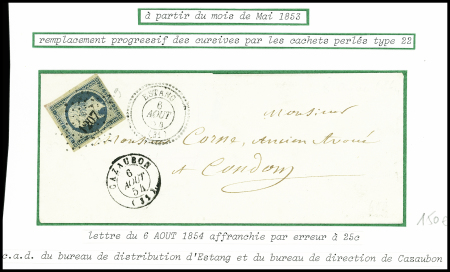 N°10 obl. PC 1207 + T22 Estang (6 aout 1854) + T15 Cazaubon (1854) sur lettre affranchie par erreir à 25c au lieu de 20c, sup