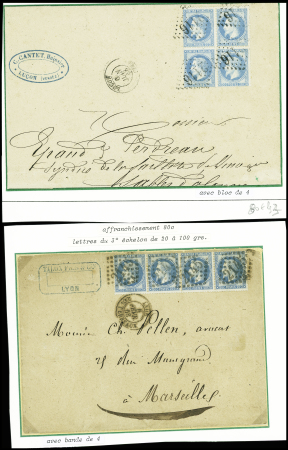3 lettres AFF n°29 : bloc de 4 obl. GC 2116 + T15 Luçon (1868), N°29, 2 paires, obl. Losange de points ambulant "BP" + T15 "Gare de Mulhouse (66)" (1869)