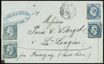 3 lettres AFF n°29 : bloc de 4 obl. GC 2116 + T15 Luçon (1868), N°29, 2 paires, obl. Losange de points ambulant "BP" + T15 "Gare de Mulhouse (66)" (1869)