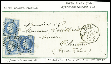 N°29 3 pièces disposées en équerre, obl. Étoile muette + CAD octogonal de levée exceptionnelle "* Paris (60)* E2" (1869) sur lettre du 1er échelon