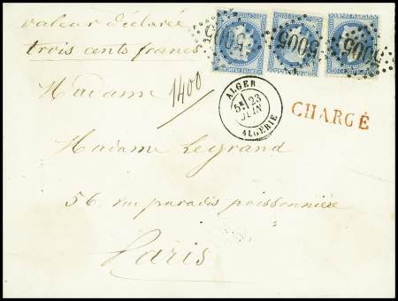 N°29, 3 pièces, obl. GC 5005 + CAD "Alger Alégérie" (1869) sur lettre chargée pour Paris. Sup