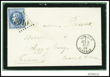 N°29 obl. GC 5010 + T16 "Aumale Algérie" (1869) sur env de deuil, ind 11, sup