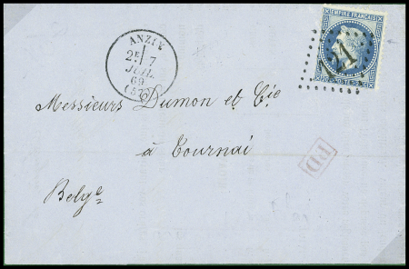 N°29 obl. GC 121 + T16 "Anzin (57)" (1869) sur lettre au tarif frontalier pour Tournai (Belgique) avec petit "PD" encadré rouge. Sup