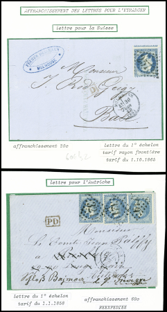 2 lettres : n°29 obl. GC 2578 + T16 "Mulhouse (66)" (1869) sur lettre au tarif frontalier pour Bâle et n°29, 3 pièces obl. GC 3219 + T17 "Rouen (74)"