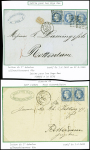 3 lettres pour les Pays Bas AFF n°29, 3 pièces obl. ambulant Lyon à Paris (1868) pour Amsterdam avec taxe 60 manuscrite, n°29 en paire obl losange de points