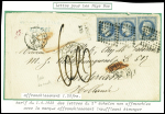 3 lettres pour les Pays Bas AFF n°29, 3 pièces obl. ambulant Lyon à Paris (1868) pour Amsterdam avec taxe 60 manuscrite, n°29 en paire obl losange de points