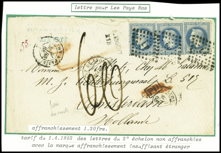 3 lettres pour les Pays Bas AFF n°29, 3 pièces obl. ambulant Lyon à Paris (1868) pour Amsterdam avec taxe 60 manuscrite, n°29 en paire obl losange de points
