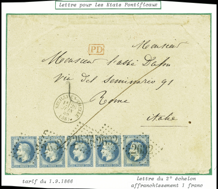 N°2D, bande de 5, obl. GC 2632 + T16 "Neuilly-en-Thelle (58)" (1869) sur lettre pour Rome (Etats pontificaux), sup
