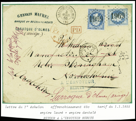 N°22 + 29 obl. 1969 + T15 "Larroque d'Olmes (8)" (1868) sur lettre pour la Grande Bretagne avec griffe bleue "Retour à l'envoyeur rebuts"
