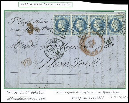 N°29, bande de 4, obl. GC 3174 + T17 "La Rochelle" (1869) sur lettre du 1er échelon pour New-York via Queenstown par paquebot anglais, sup