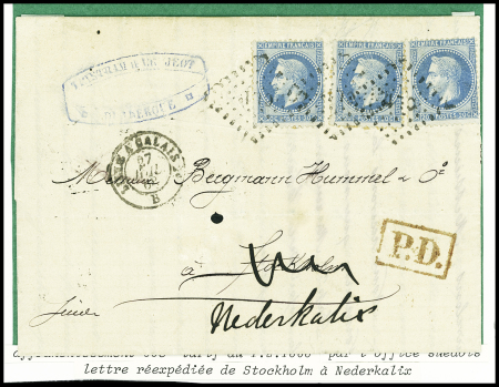 N°29, 3 pièces, obl. losange de points ambulant CL 1° + CAD ambulant de nuit "Lille à Calais 2e B" (1868) sur lettre à 60c (tarif du 1.2.1868) pour Stockholm
