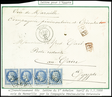 N°29, bande de 4, obl. GC 2660 + T17 Niort (1868) sur lettre du 2ème échelon (tarif du 1.1.1866) pour Le Caire par la Compagnie Péninsulaire et Orientale