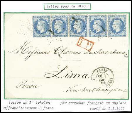 N°29, bande de 5, obl étoile 1 + CAD "Paris PL. de la bourse" (1868) sur lettre pour Lima avec "PP" encadré rouge. TB