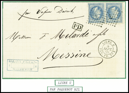 N°29 en paire obl ancre + CAD rond "Ligne U PAQ. FR. n°1" (1868) sur lettre de Marseille pour Messine par le paquebot Nil. Sup