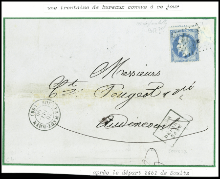 N°29 obl GC + T15 "Soultz-Haut-Rhin (66)" (1868) sur lettre pour Audincourt avec griffe encadrée "après le départ 3451" de Soultz, ind 18. TB
