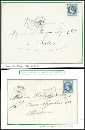 2 lettres : n°29 obl GC 1313 + T15 Dôle du Jura (1868) + griffe encadrée "Après le départ 1313" et n°29 obl GC 2748 + T15 Orthez (1867) + griffe encad