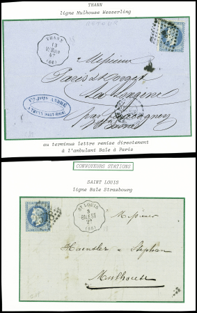 2 lettres : n°29 obl losange de points ambulant "BP" + conv. Station "Thann V. Mulh" (1868) et n°29 obl GC 2578 + conv. Station "St Louis Bâle ST" (66)