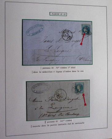 Album Safe bleu noir : planchage et variétés du 20c Empire lauré n°29 (+ timbres détachés) dont la Corne et les Abeilles + documentation