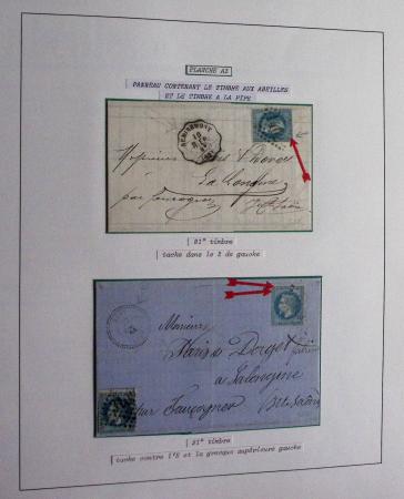 Album Safe bleu noir : planchage et variétés du 20c Empire lauré n°29 (+ timbres détachés) dont la Corne et les Abeilles + documentation