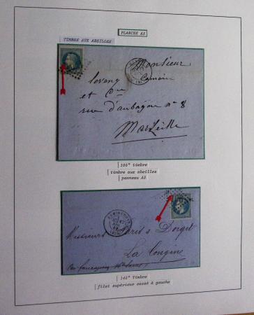 Album Safe bleu noir : planchage et variétés du 20c Empire lauré n°29 (+ timbres détachés) dont la Corne et les Abeilles + documentation