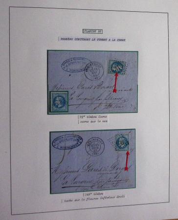Album Safe bleu noir : planchage et variétés du 20c Empire lauré n°29 (+ timbres détachés) dont la Corne et les Abeilles + documentation