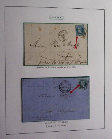 Album Safe bleu noir : planchage et variétés du 20c Empire lauré n°29 (+ timbres détachés) dont la Corne et les Abeilles + documentation