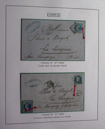 Album Safe bleu noir : planchage et variétés du 20c Empire lauré n°29 (+ timbres détachés) dont la Corne et les Abeilles + documentation