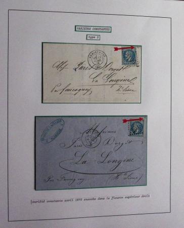 Album Safe bleu noir : planchage et variétés du 20c Empire lauré n°29 (+ timbres détachés) dont la Corne et les Abeilles + documentation