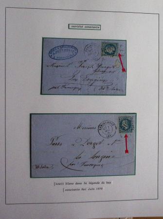 Album Safe bleu noir : planchage et variétés du 20c Empire lauré n°29 (+ timbres détachés) dont la Corne et les Abeilles + documentation