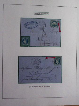 Album Safe bleu noir : planchage et variétés du 20c Empire lauré n°29 (+ timbres détachés) dont la Corne et les Abeilles + documentation