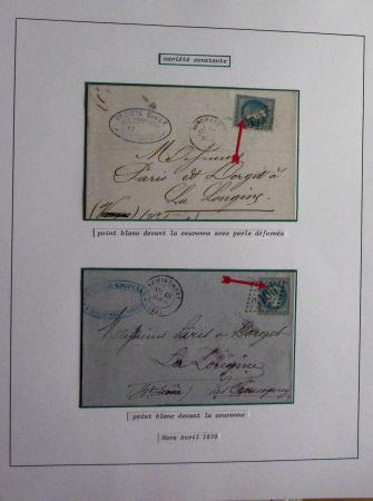 Album Safe bleu noir : planchage et variétés du 20c Empire lauré n°29 (+ timbres détachés) dont la Corne et les Abeilles + documentation