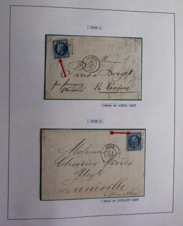 Album Safe bleu noir : planchage et variétés du 20c Empire lauré n°29 (+ timbres détachés) dont la Corne et les Abeilles + documentation