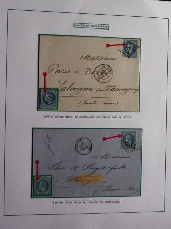Album Safe bleu noir : planchage et variétés du 20c Empire lauré n°29 (+ timbres détachés) dont la Corne et les Abeilles + documentation