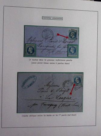 Album Safe bleu noir : planchage et variétés du 20c Empire lauré n°29 (+ timbres détachés) dont la Corne et les Abeilles + documentation