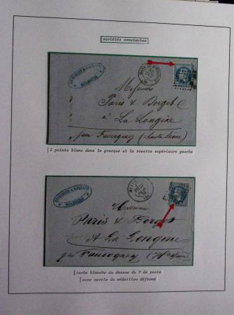 Album Safe bleu noir : planchage et variétés du 20c Empire lauré n°29 (+ timbres détachés) dont la Corne et les Abeilles + documentation