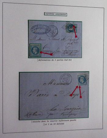 Album Safe bleu noir : planchage et variétés du 20c Empire lauré n°29 (+ timbres détachés) dont la Corne et les Abeilles + documentation