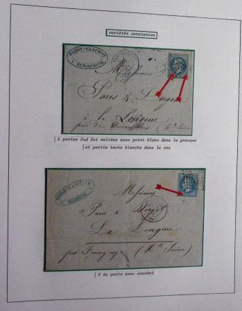 Album Safe bleu noir : planchage et variétés du 20c Empire lauré n°29 (+ timbres détachés) dont la Corne et les Abeilles + documentation