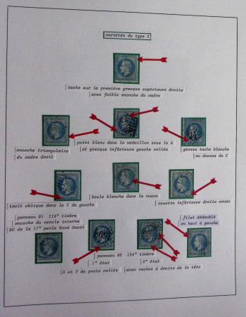 Album Safe bleu noir : planchage et variétés du 20c Empire lauré n°29 (+ timbres détachés) dont la Corne et les Abeilles + documentation