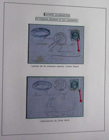 Album Safe bleu noir : planchage et variétés du 20c Empire lauré n°29 (+ timbres détachés) dont la Corne et les Abeilles + documentation