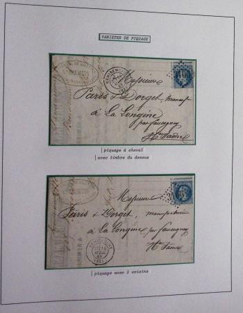 Album Safe bleu noir : planchage et variétés du 20c Empire lauré n°29 (+ timbres détachés) dont la Corne et les Abeilles + documentation