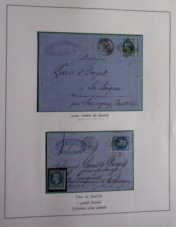 Album Safe bleu noir : planchage et variétés du 20c Empire lauré n°29 (+ timbres détachés) dont la Corne et les Abeilles + documentation