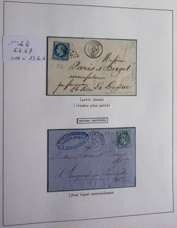 Album Safe bleu noir : planchage et variétés du 20c Empire lauré n°29 (+ timbres détachés) dont la Corne et les Abeilles + documentation