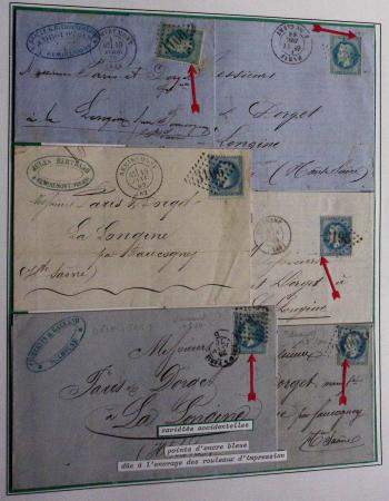 Album Safe bleu noir : planchage et variétés du 20c Empire lauré n°29 (+ timbres détachés) dont la Corne et les Abeilles + documentation