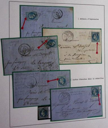 Album Safe bleu noir : planchage et variétés du 20c Empire lauré n°29 (+ timbres détachés) dont la Corne et les Abeilles + documentation
