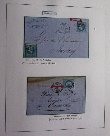 Album Safe bleu noir : planchage et variétés du 20c Empire lauré n°29 (+ timbres détachés) dont la Corne et les Abeilles + documentation
