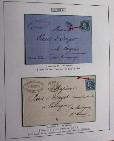 Album Safe bleu noir : planchage et variétés du 20c Empire lauré n°29 (+ timbres détachés) dont la Corne et les Abeilles + documentation